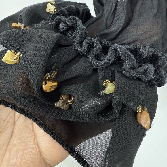 Lucy Collection Black Sheer Ruffle Beaded Tie Front Blouse Top S/M Boho Party - Picture 7 of 16